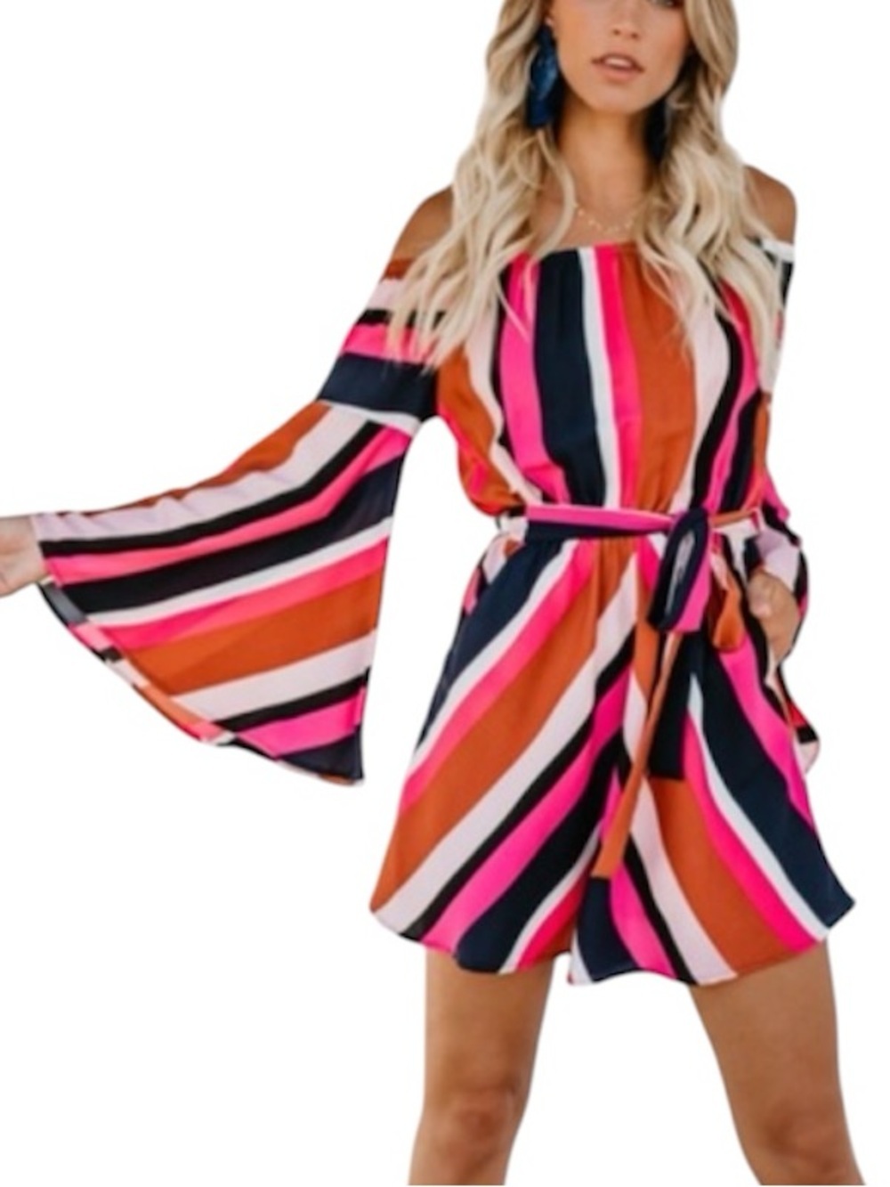 Vici Hot Pink Retro Striped Off Shoulder Mini Dress